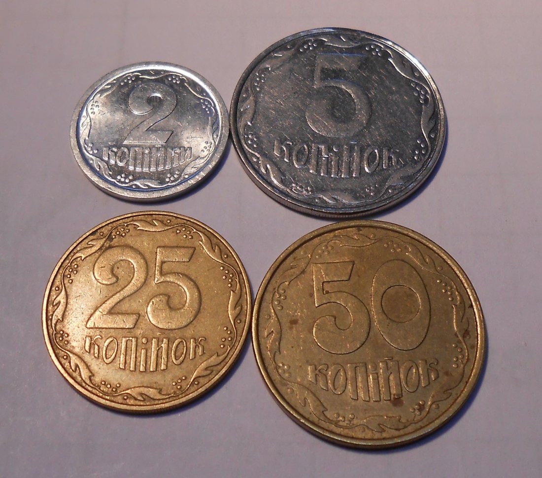  M.75. Ukraine, 4er Lot, 2 Kopeken 1994, 5 Kopeken 2010, 25 Kopeken 2006, 50 Kopeken 1992   