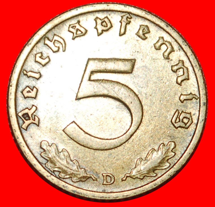  * SWASTIKA 1936-1939:GERMANY★5 PFENNIGS 1938D BAVARIA! THIRD REICH 1933-1945★LOW START ★ NO RESERVE!   