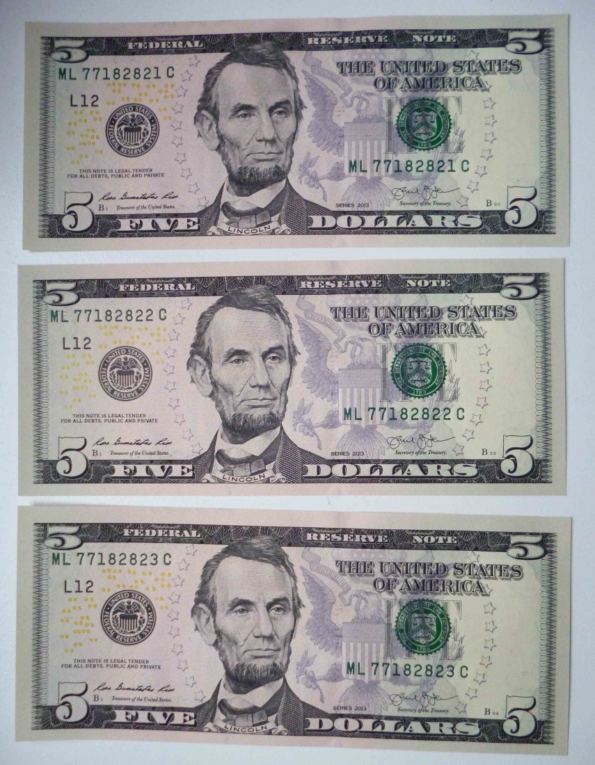  USA 3x 5 Dollar 2013 Lincoln mit fortlaufender Nummer als Sammelobjekt unzirkuliert   