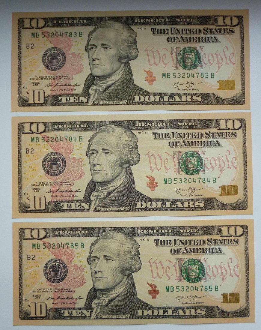  USA 3x 10 Dollar 2013 Hamilton mit fortlaufender Nummer als Sammelobjekt unzirkuliert   