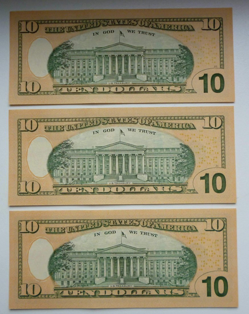  USA 3x 10 Dollar 2013 Hamilton mit fortlaufender Nummer als Sammelobjekt unzirkuliert   