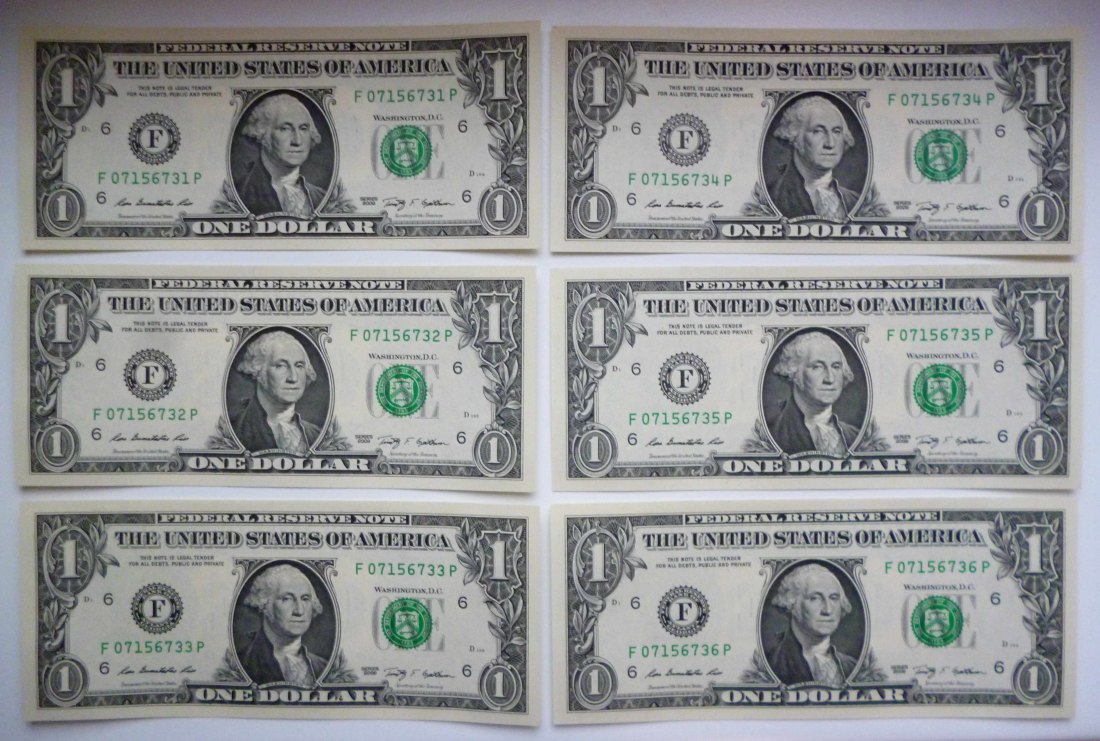  USA 6x 1 Dollar 2009 Washington mit fortlaufender Nummer als Sammelobjekt unzirkuliert   