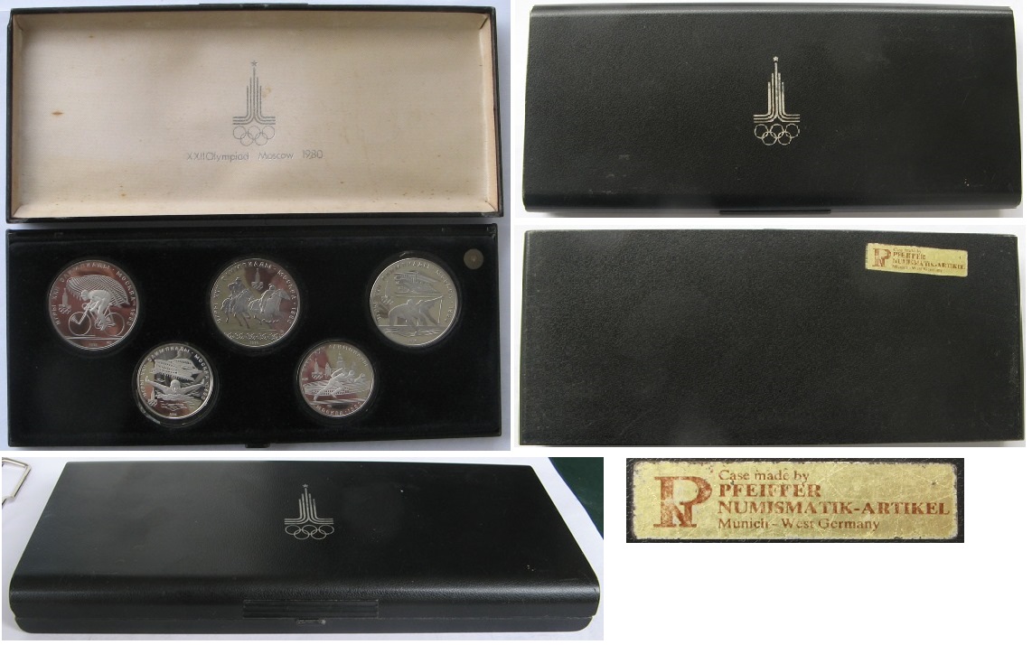  1978, UdSSR,Gedenksatz mit 5 Silbermünzen 5–10 Rubel „Olympische Spiele Moskau 1980”,Polierte Platte   