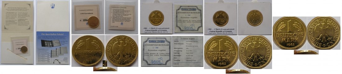  1976/1982, 1 German Mark, gold-plated coins, certificate of authenticity   