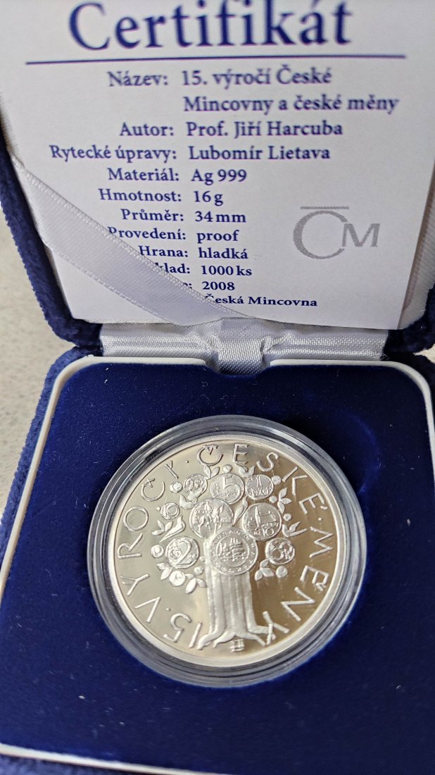  Tschechien Silber 2008 Medaille 15 Jahre Ceska Mincovna Jablonec 1993-2008 proof nur 1.000 Ex.   