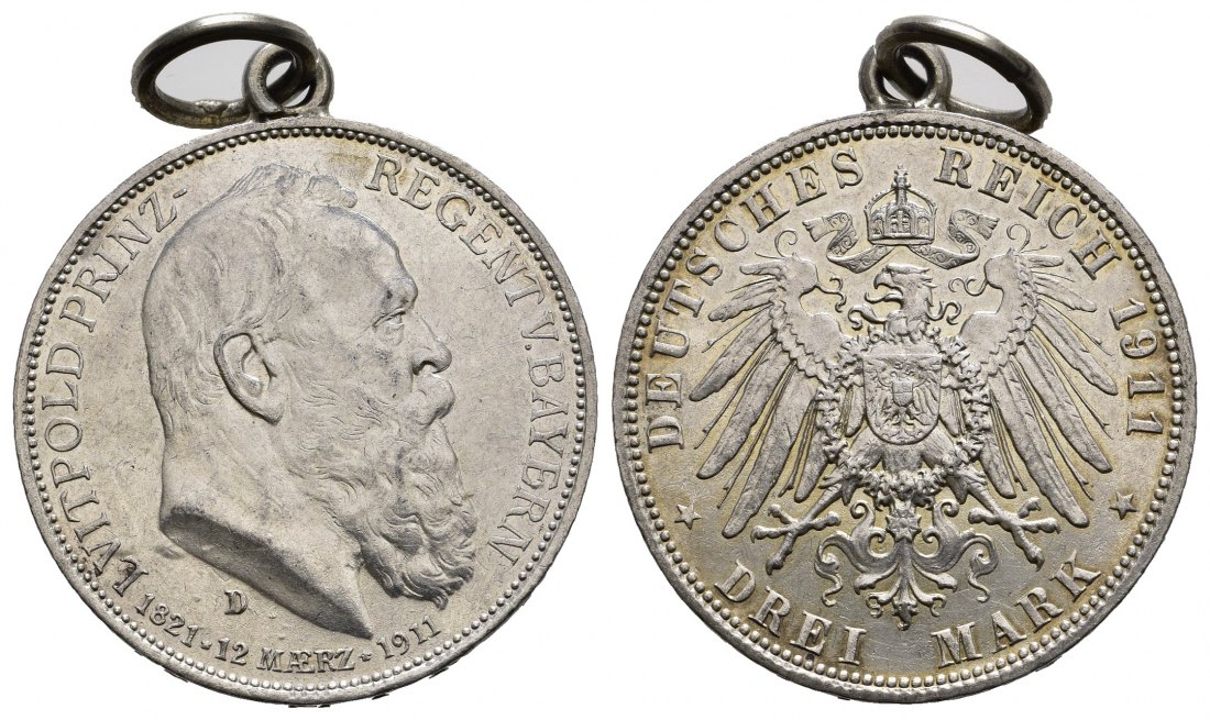 PEUS 1282 Bayern - Kaiserreich 90. Geburtstag + 25. Regierungsjubiläum. Prinz Luitpold (1886 -1912) 3 Mark 1911 D Gehenkelt, Sehr schön