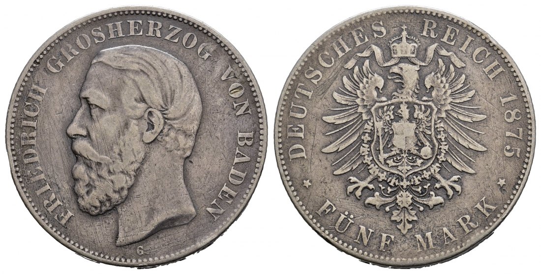 PEUS 1285 Kaiserreich - Baden Friedrich I. (1856-1907) 5 Mark 1875 G Sehr schön