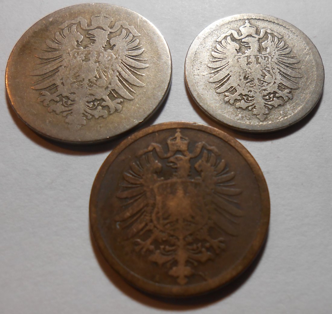  e.23 Kaiserreich 3er Lot 2 Pf. 1874A / 5 Pf. 1876A / 10 Pf. 1874G   