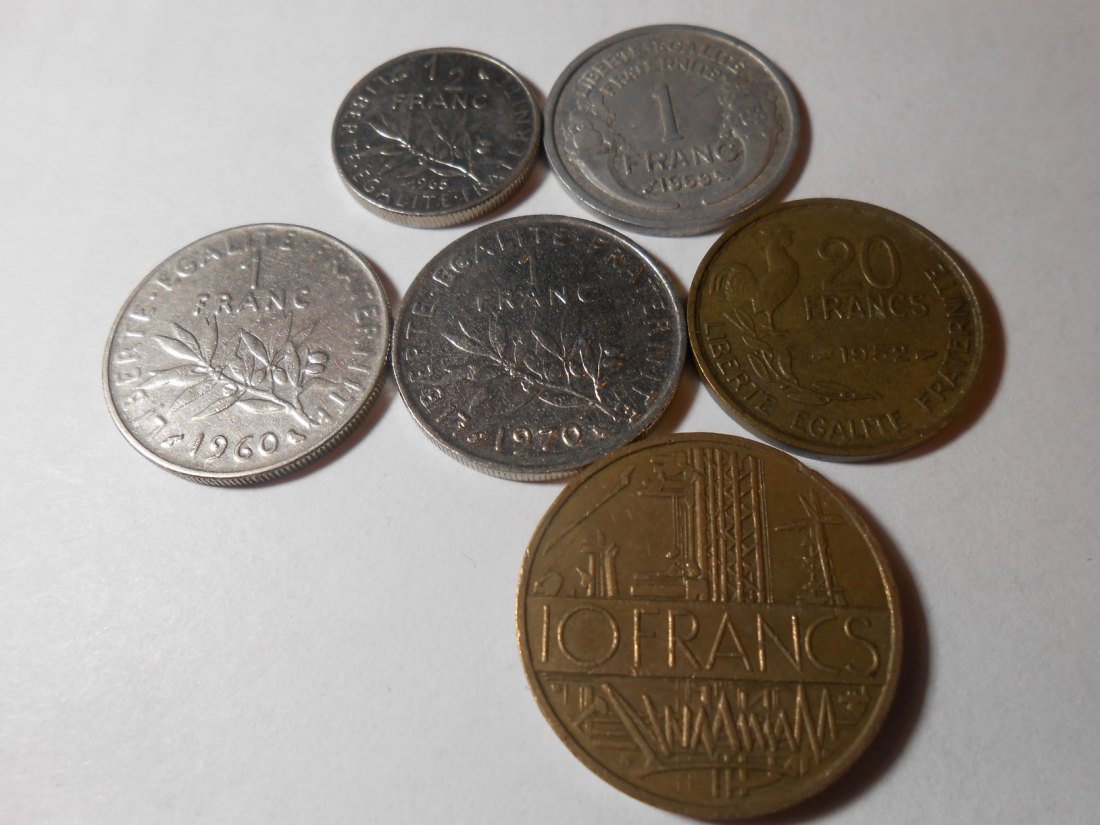 e.30. Frankreich 6erLot,1/2 Franc 1965, 1 Francs 1959 1960 1970, 10 Francs 1979, 20 Francs 1952