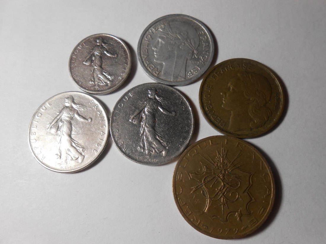  e.30. Frankreich 6erLot,1/2 Franc 1965, 1 Francs 1959 1960 1970, 10 Francs 1979, 20 Francs 1952   