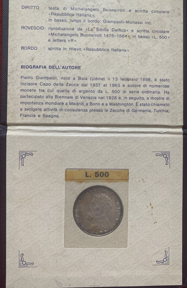  Italien 500 Lire 1975 Michelangelo Silber Booklet BU   