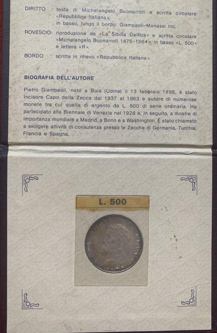 Italy 500 lire 1975 Michelangelo Silver Booklet BU