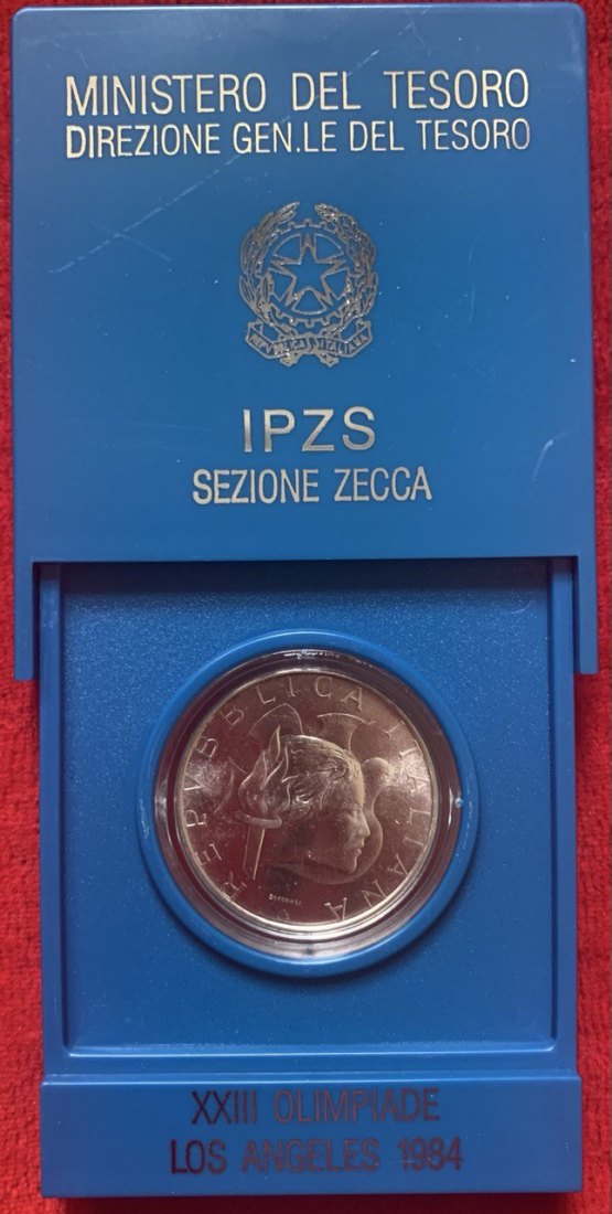  Italien 500 Lire 1984 Olympische Spiele in Los Angeles Silber Kasten BU   