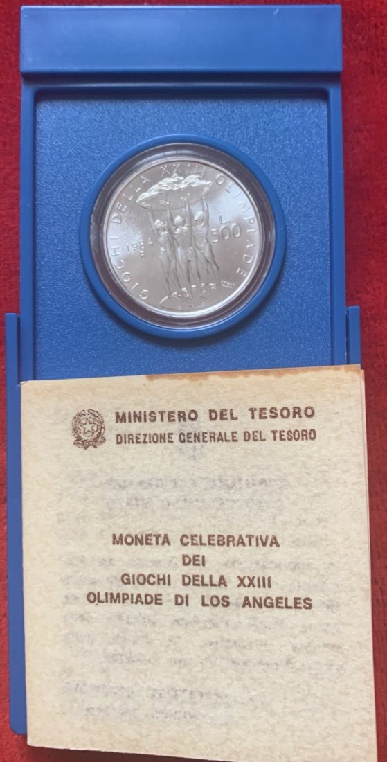  Italien 500 Lire 1984 Olympische Spiele in Los Angeles Silber Kasten BU   