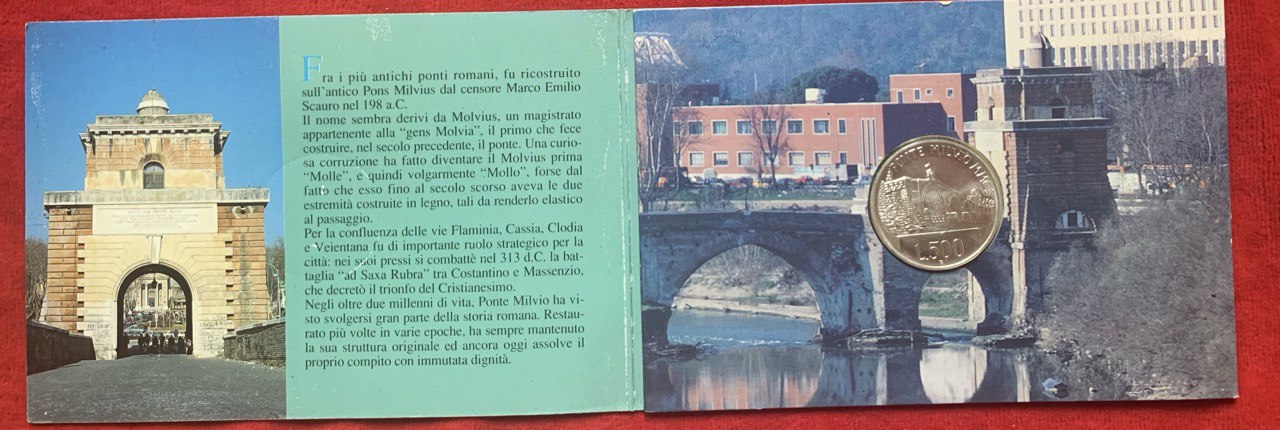 Italy 500 lire 1991 2100th Anniversary of Ponte Milvio Silver Booklet BU