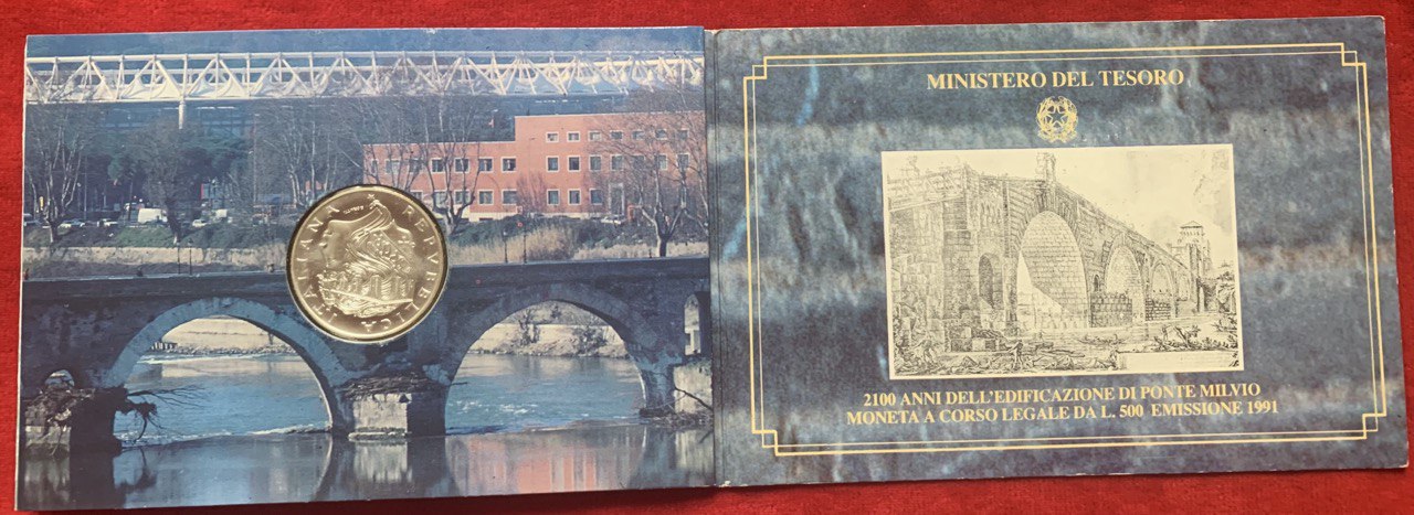  Italien 500 Lire 1991 2100. Jahrestag der Ponte Milvio Silber Booklet BU   