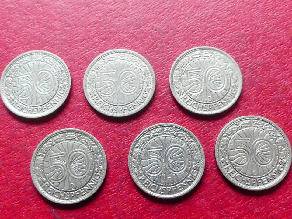  s.29 Weimarer Republik** 6er Lot, 50 Reichspfennig 1927-1936,(1927D 1927G,1928J,1931F,1935J,1936A   