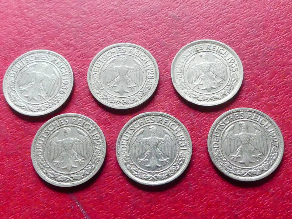  s.29 Weimarer Republik** 6er Lot, 50 Reichspfennig 1927-1936,(1927D 1927G,1928J,1931F,1935J,1936A   