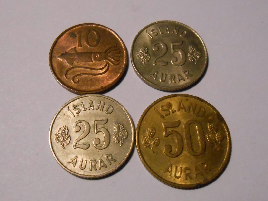 M.74 Island, 4er Lot, 10 Aurar 1981, 25 Aurar 1965 + 1966, 50 Aurar 1971,