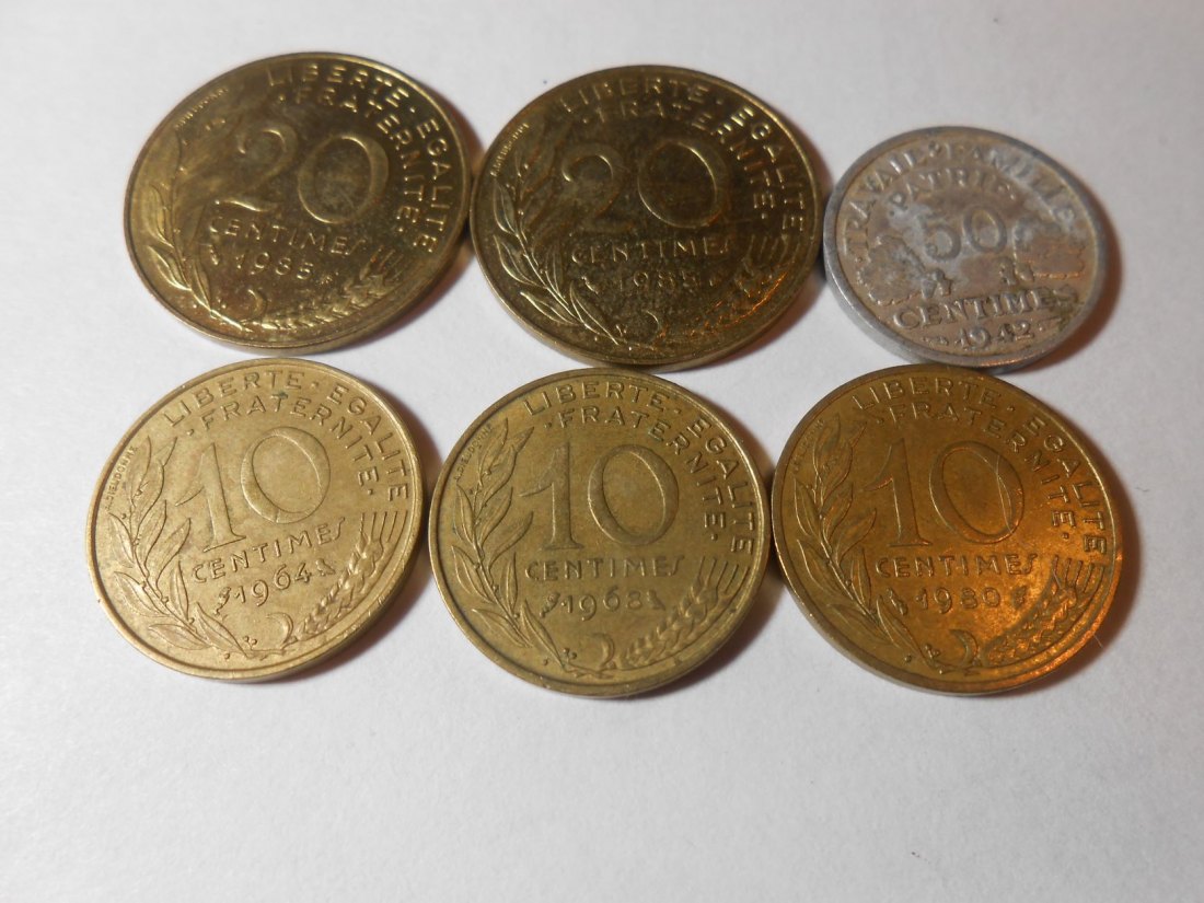  M.58. Frankreich, 6er Lot, 10Centimes 1964 1965 1980/ 20Centimes 19851985/ 50Centimes 1942   