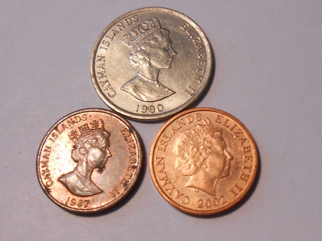 M.102. Cayman Islands, 3er Lot, 1 Cent 1987, 1 Cent 2002, 10 Cents 1990