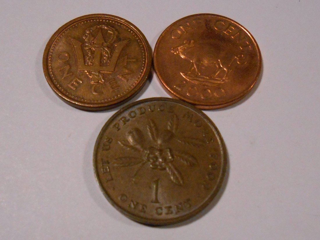  M.115. Bermudas/Barbados/Jamaika, 3er Lot, 1 Cent 2002, 1 Cent 1986, 1 Cent 1971 Food,   