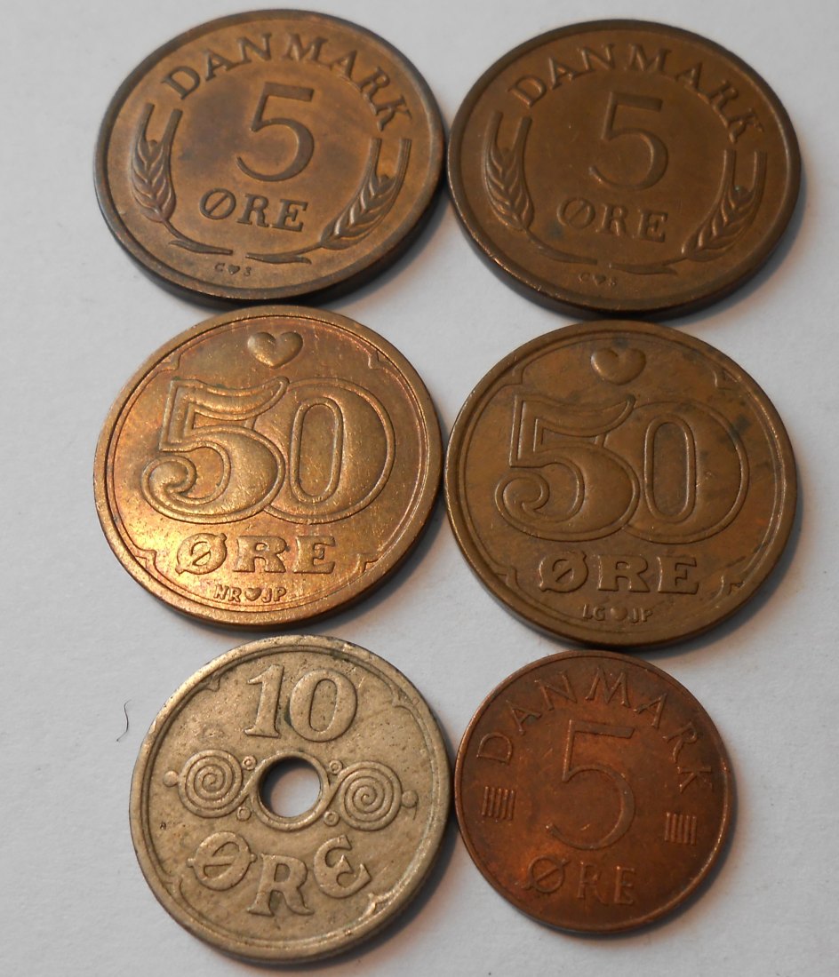  M.121. Dänemark, 6er Lot, 5 Öre 1964+1966+1981, 10 Öre 1925, 50 Öre 1989+1990   