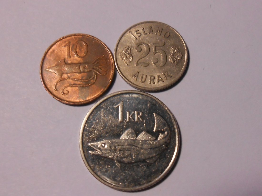 M.125. Island, 3er Lot, 10 Aurar 1981 (KM# 25), 25 Aurar 1965 (KM# 11), 1 Krone 2006 (KM# 27a)