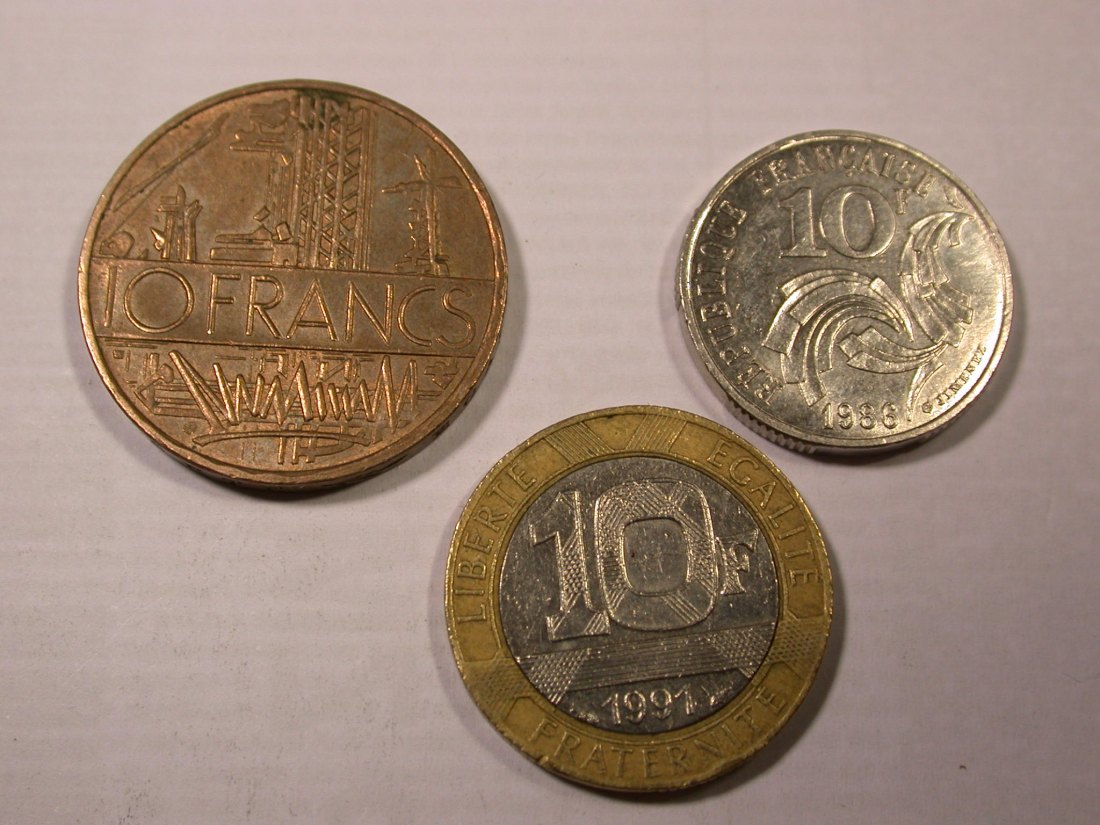 I2 Frankreich 3 x 10 Franc verschieden 1984-1991 Originalbilder