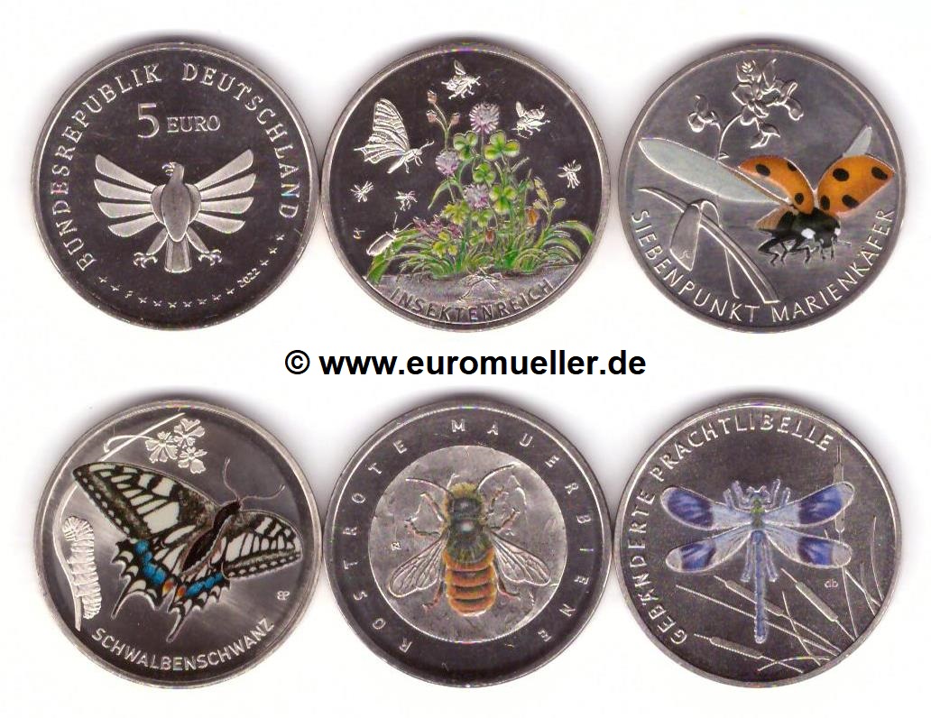Deutschland 5x 5 Euro Gedenkmünze 2022-2023...Insekten   