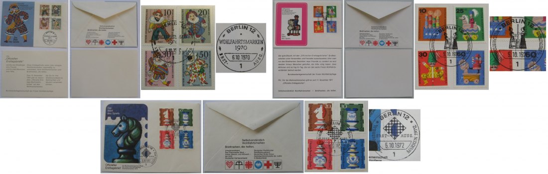  1970-71-72,Deutschland, Wohlfahrstmarken-Die Welt des Spiels Serie-3 Erstagbriefe   