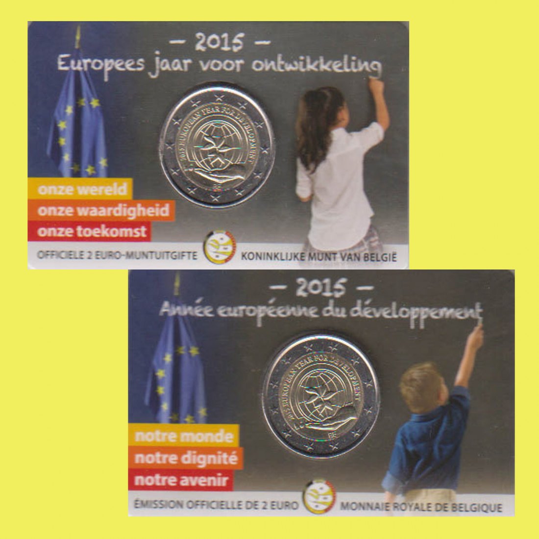  Offiz. Coincard 2 x 2-Euro-Sondermünze Belgien *Jahr für Entwicklung* 2015 Ausgabe NL + F   