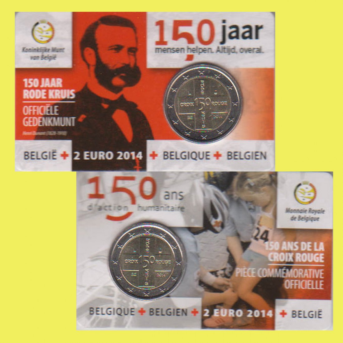  Offiz. Coincard 2 x 2-Euro-Sondermünze Belgien *150 Jahre Rotes Kreuz* 2015 Ausgabe NL + F   