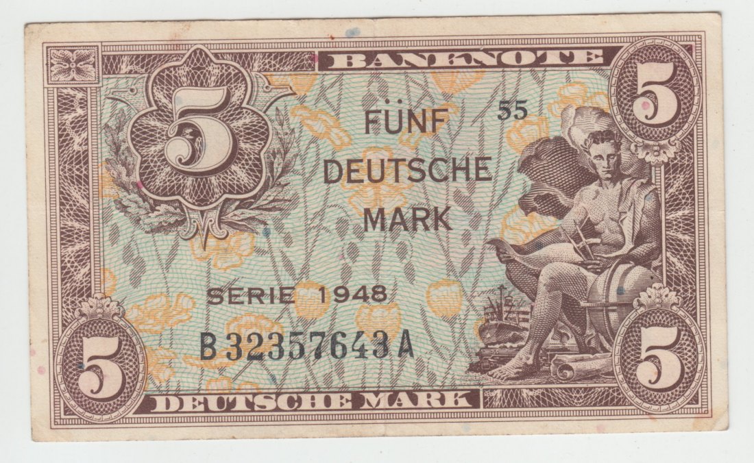  Ro. 236 a, 5 Deutsche Mark von 1948, Serie A, leicht gebraucht II   