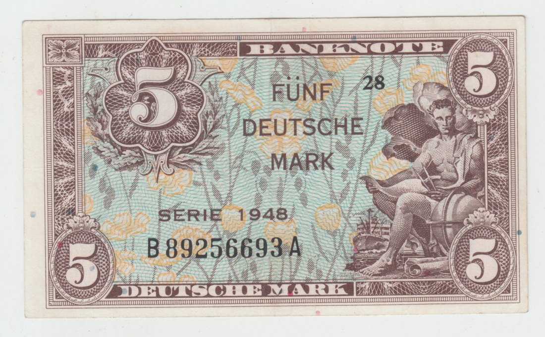  Ro. 236 a, 5 Deutsche Mark von 1948, Serie A, B 89256693 A, leicht gebraucht II   