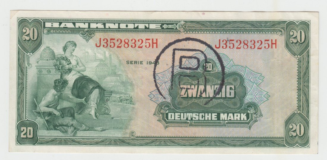  Ro. 241 a, 20 Deutsche Mark von 1948, B-Stempel, Ausgabe für Westberlin, leicht gebraucht II-   
