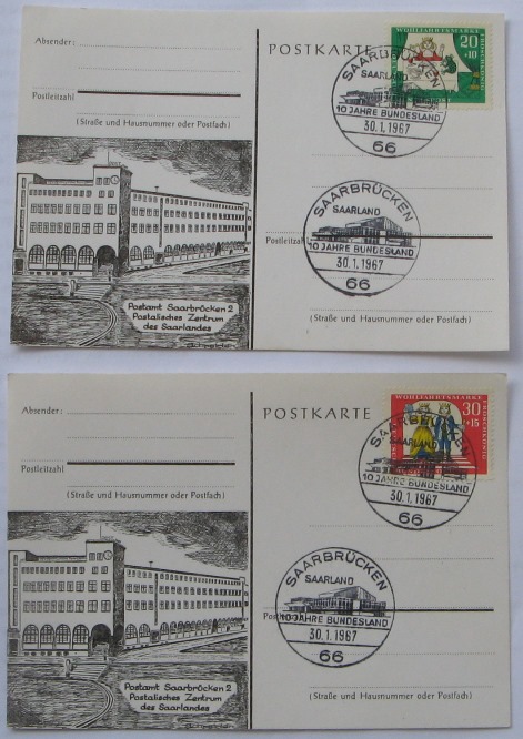  1967,Deutschland,10 Jahre Saarland -2 Gedenkpostkarten mit Sonderpoststempel   