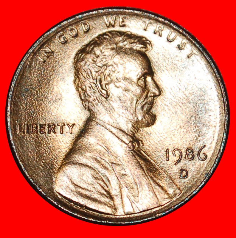  * MEMORIAL (1982-2008):USA★1 CENT 1986D UNC MINT LUSTRE! LINCOLN (1809-1865) LOW START ★ NO RESERVE!   