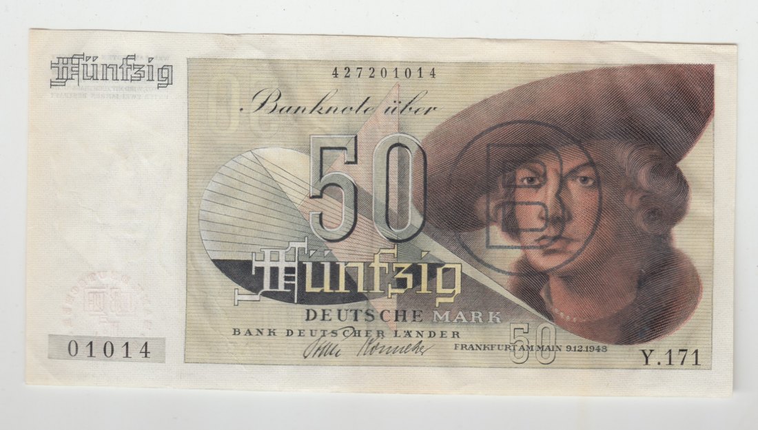  Ro. 255, 50 Deutsche Mark von 1948, Franzosenschein, Ausgabe Westberlin, leicht gebraucht II   
