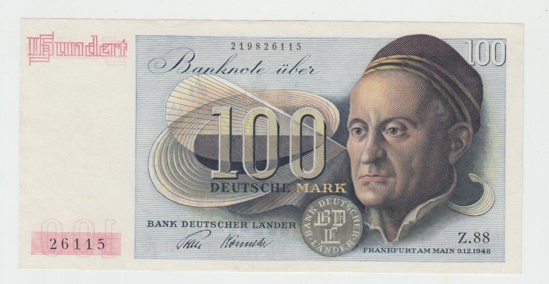  Ro. 256, 100 Deutsche Mark von 1948, Franzosenschein, kassenfrisch I, aber 2 kleine Einrisse oben   
