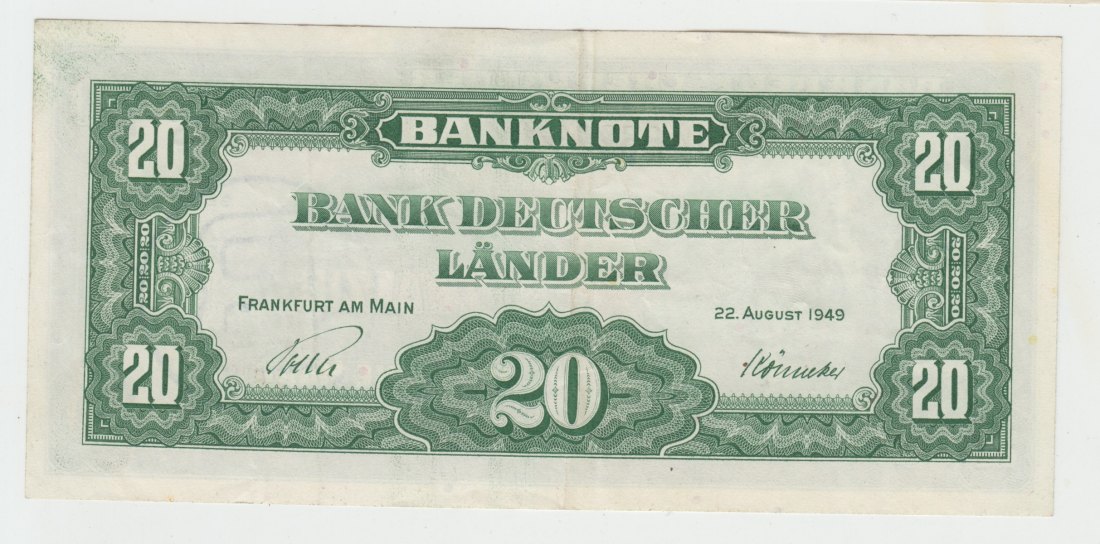  Ro. 261, 20 Deutsche Mark von 1949, B-Stempel, Ausgabe Westberlin, gebraucht III+   
