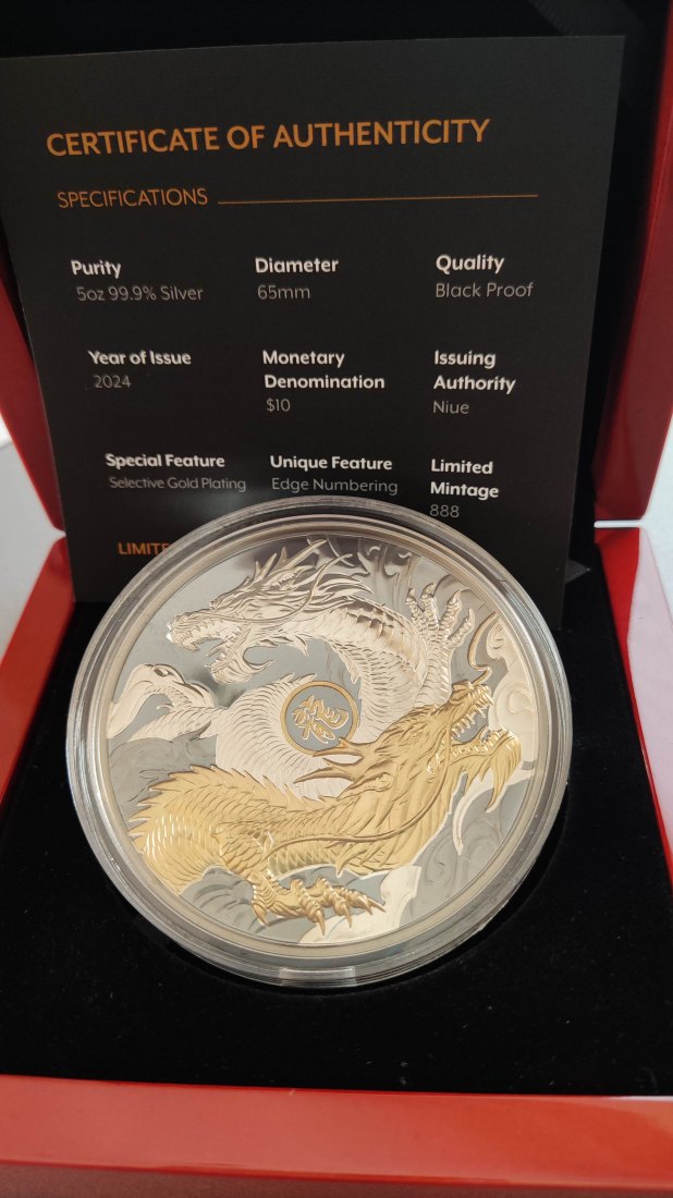  Niue 5 Oz Silber 2024 Lunar Dragon black proof gilded, Auflage nur 888 Stück   