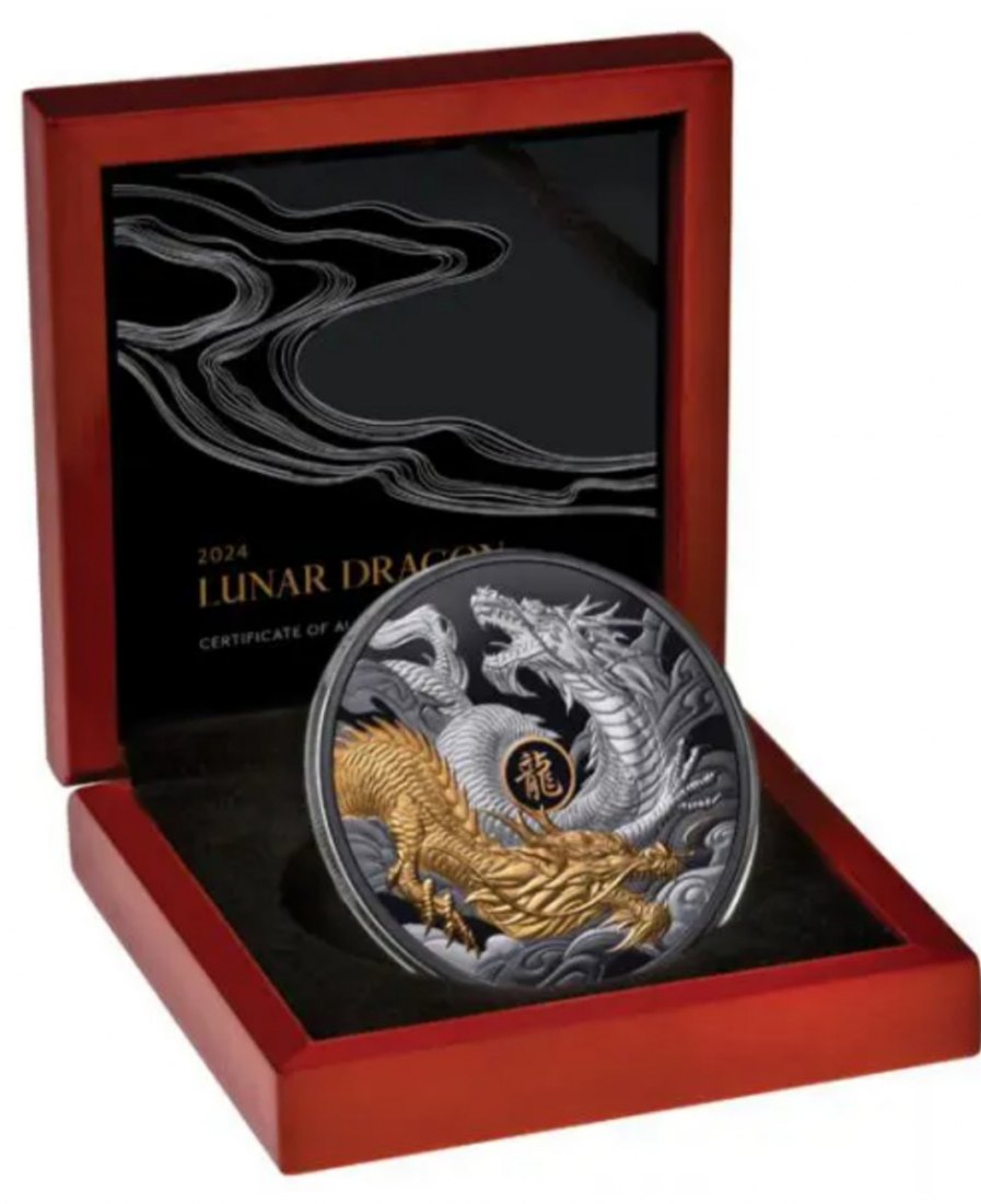  Niue 5 Oz Silber 2024 Lunar Dragon black proof gilded, Auflage nur 888 Stück   