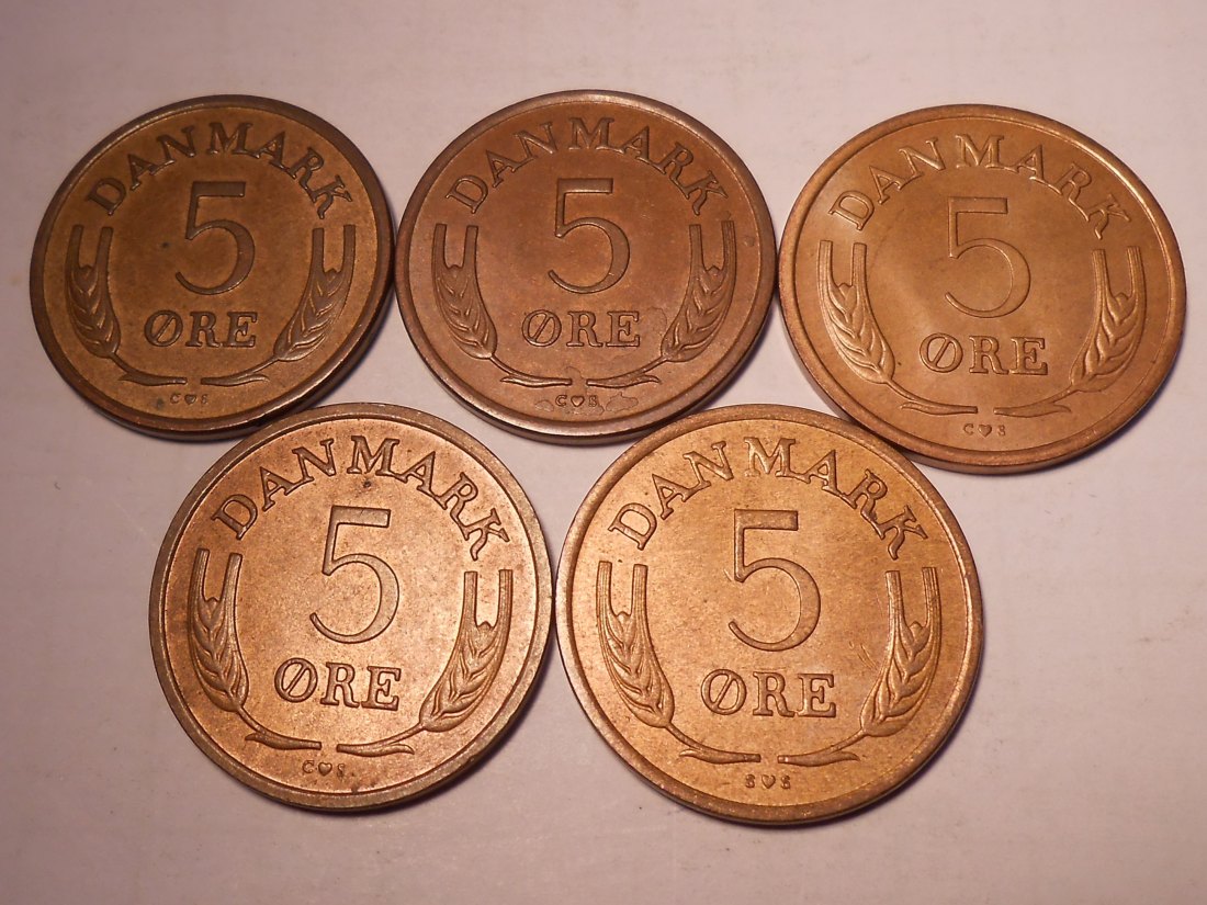  e.93 Dänemark 5er Lot 5 Öre 1965 1966 1969 1971 1972   