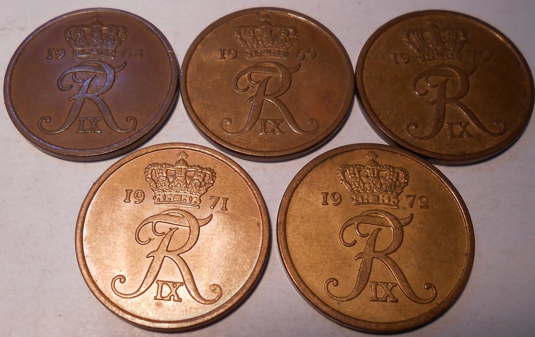  e.123 Dänemark 5er Lot 5 Öre 1968 1969 1970 1971 1972   