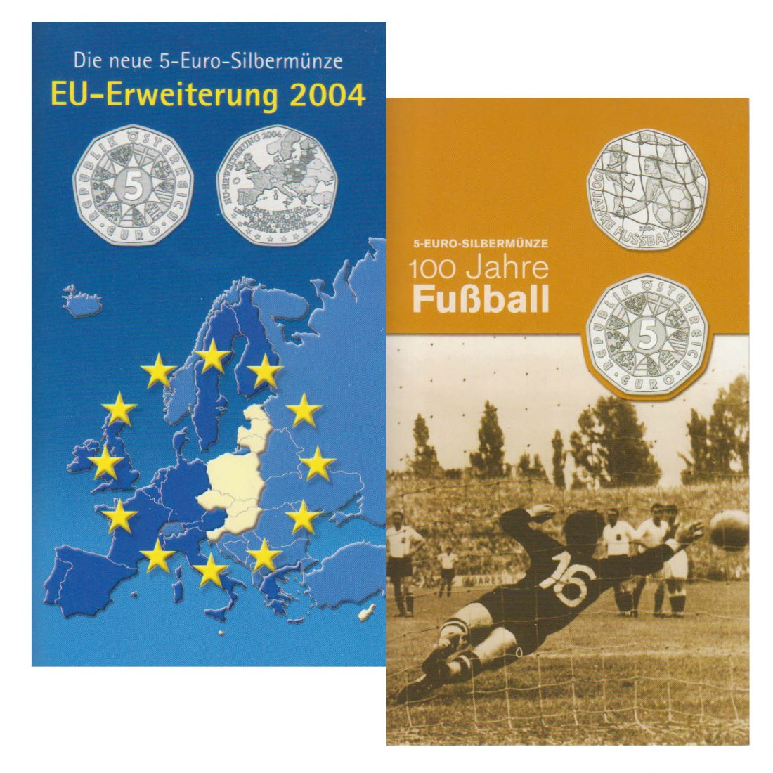  Offiz. 2x 5-Euro-Silbermünzen Österreich *100 Jahre Fußball + EU-Erweiterung* 2004 *hgh*   