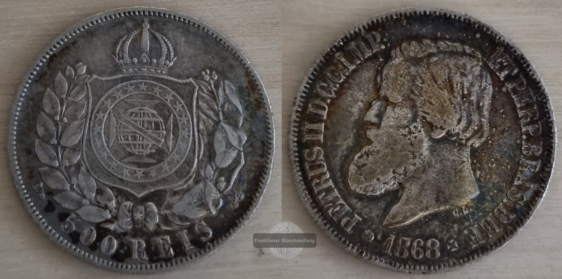  Brasilien  500 Reis  1868   Petrus II. 1831-1889  FM-Frankfurt  Silber 5,21g   