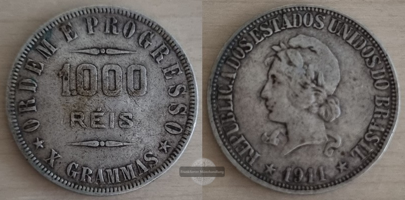  Brasilien  1000 Reis  1911 FM-Frankfurt Feingewicht: 8g   