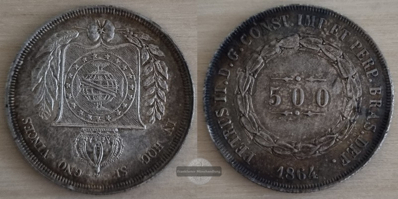  Brasilien  500 Reis  1864   Petrus II. 1831-1889  FM-Frankfurt  Silber 5,84g   