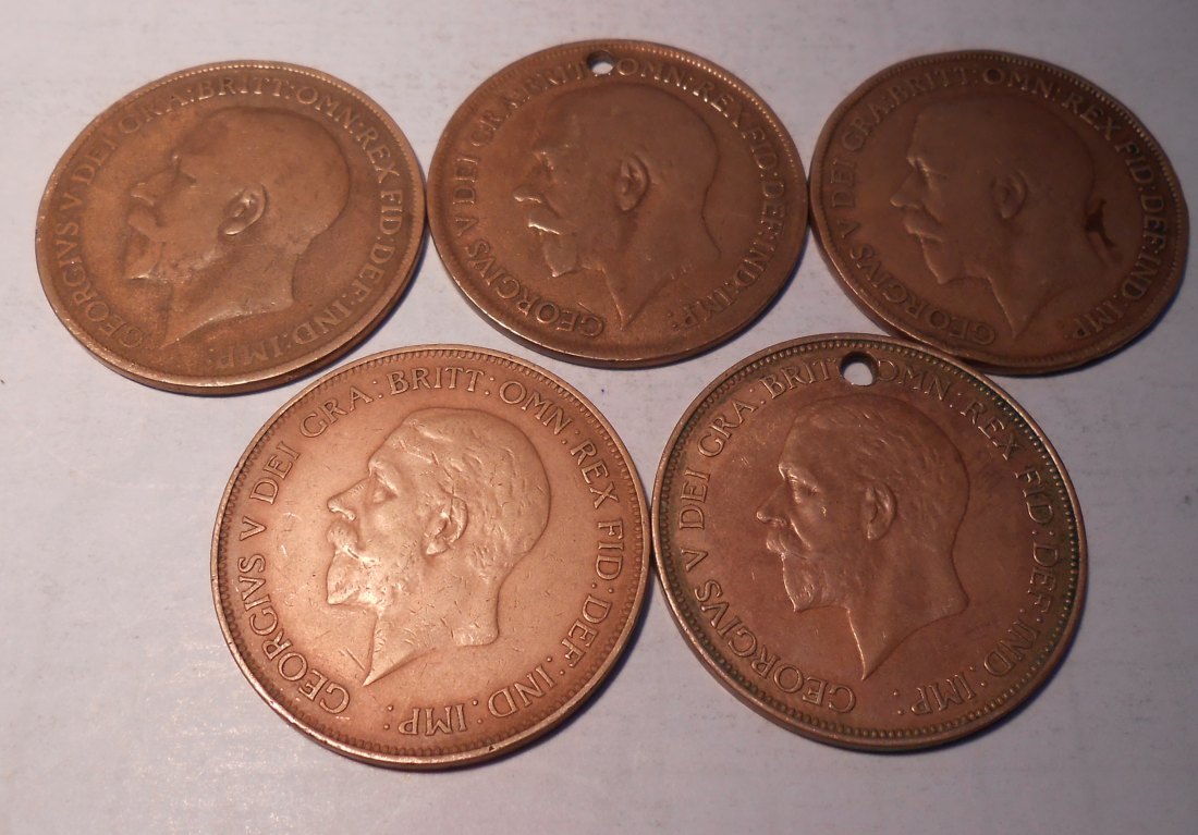  TK1 Großbritannien 5er Lot, 1 Penny George V. 1911 1915 1918 1929 1936   